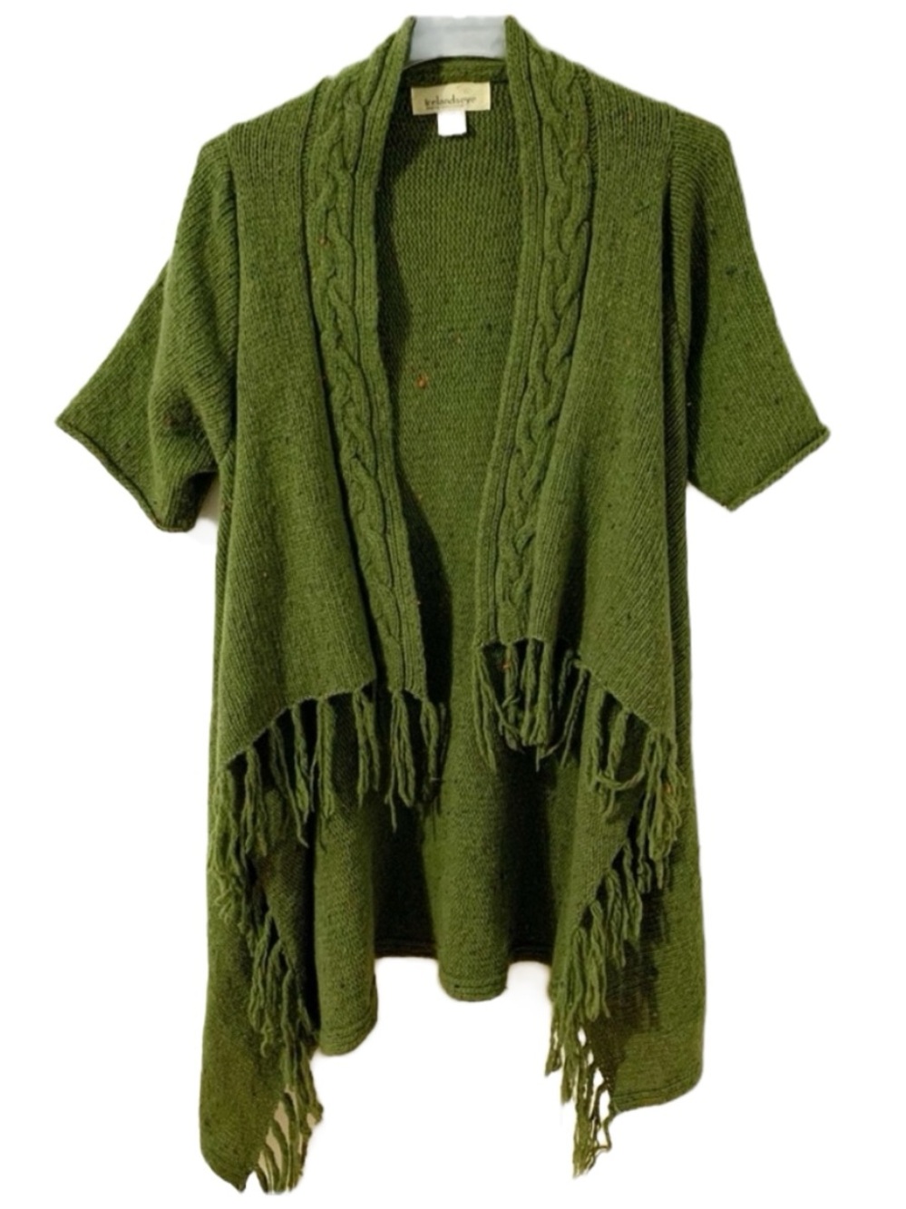 Irelandseye Fringe Wool Short Sleeve Open Front Cardigan Sweater Hi-Lo Cableknit